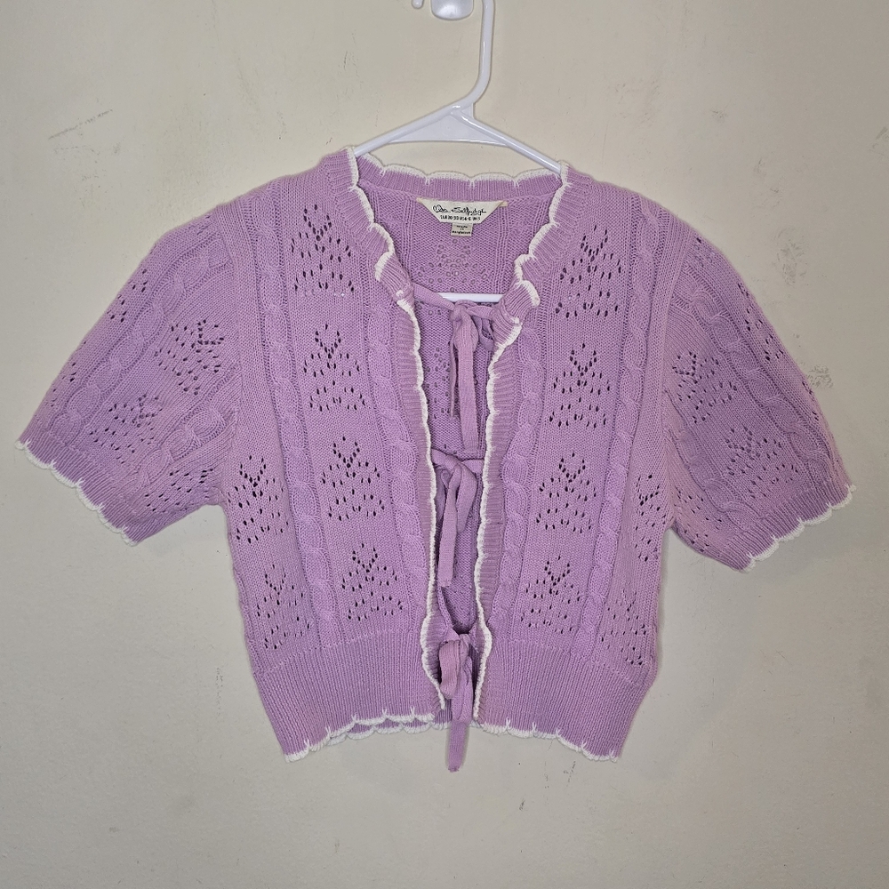 Miss Selfridge Cropped Pointelle Tie Front Cardigan Women’s Size Small Lilac - Picture 2 of 11